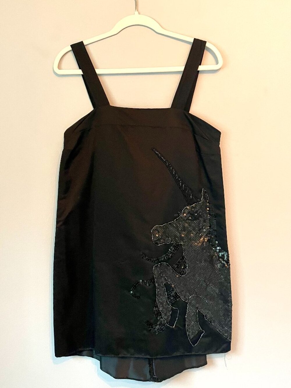 Black Satin Mini Dress with Unicorn Handmade by Alisha